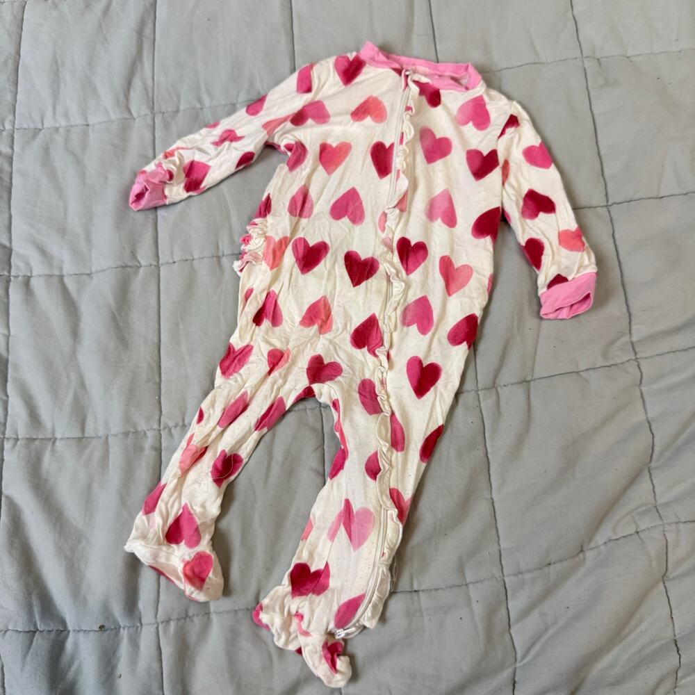 Milkberry Bamboo Pink Heart Print Sleeper Zippy Ruffle Bum Baby Girl 6-9 Months